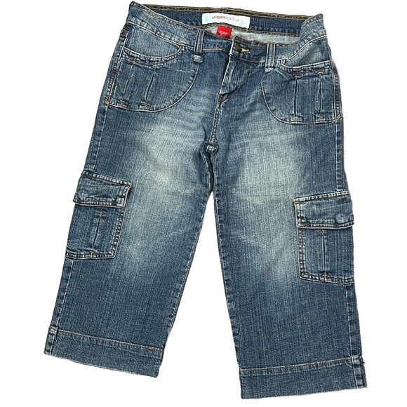 Mossimo Denim Capri‎ Wide Leg Fade Jeans 7 Retro Low Rise Cargo Pockets Stretch - Picture 2 of 4